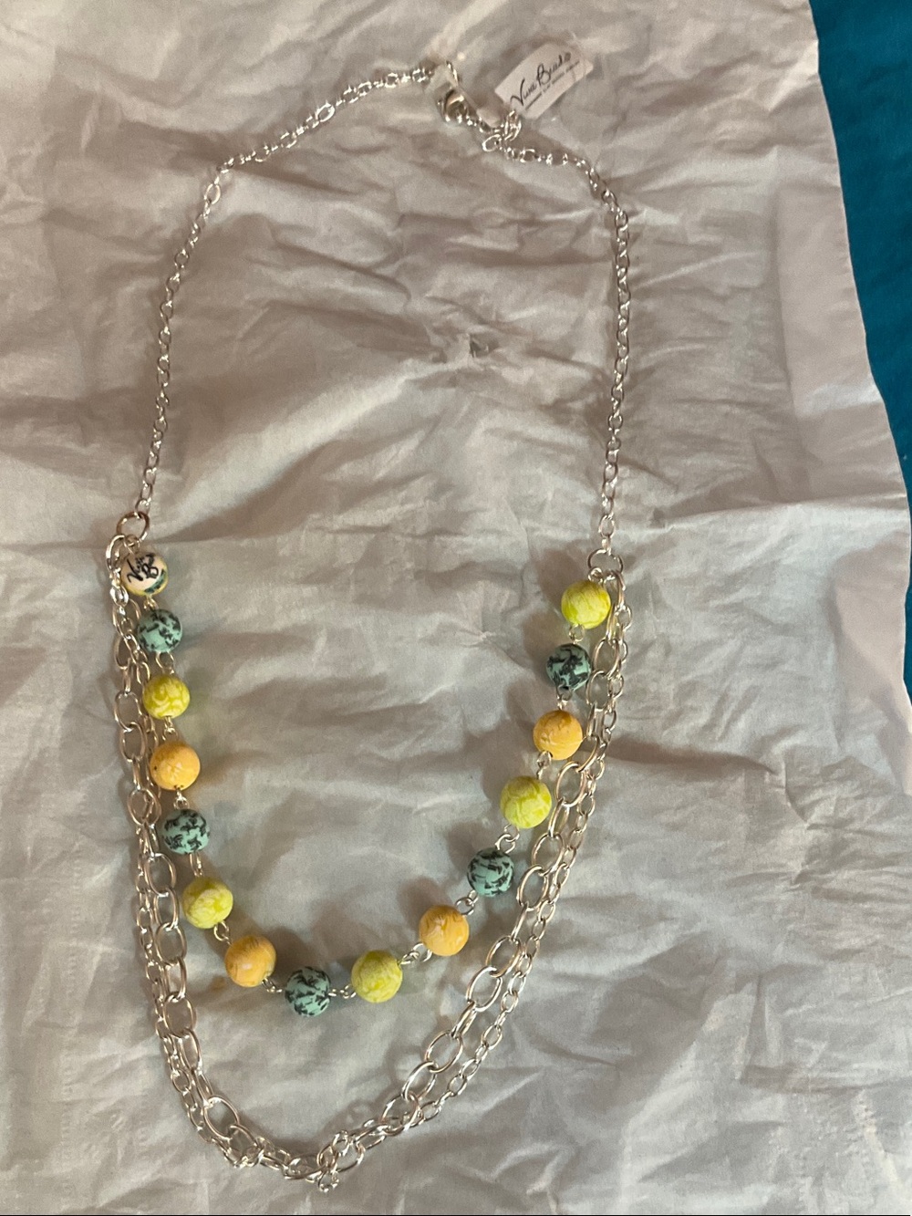 VIVA BEADS Yellow & Teal Layered Bead and Chain Necklace - Green Envy- Handmade